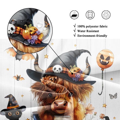 Riyidecor Halloween Highland Cow Pumpkin Autumn Fall Shower Curtain for Bathroom Decor 72Wx72H Funny Cute Cat Bat Ghost Floral Cool Art Printed Fabric Polyester Waterproof 12 Pack Plastic Hooks