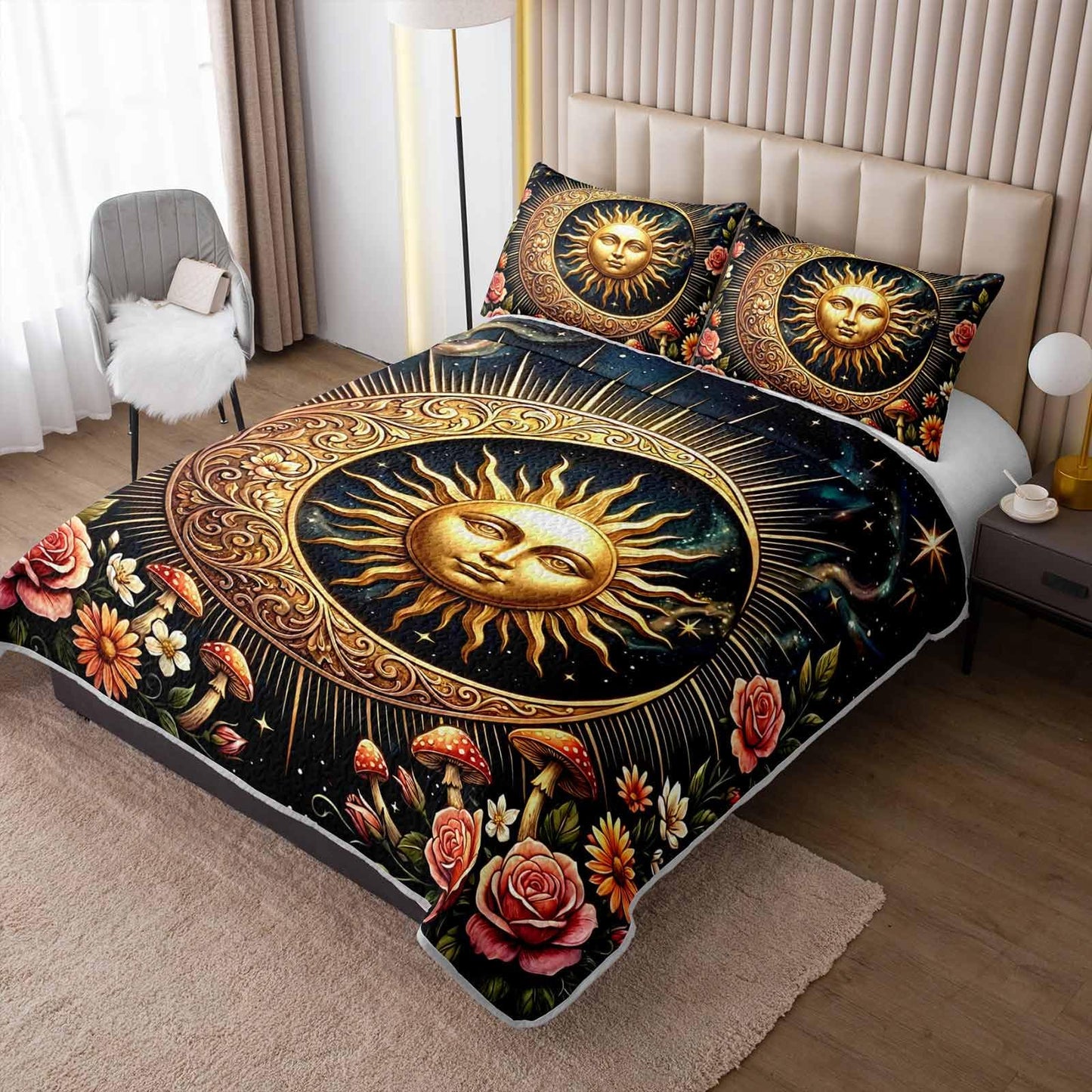 UEVBF Golden Sun and Moon Quilts Set Queen Size,3Pcs Fantasy Flowers and Mushrooms Bedspread for Kids Adults Girls Women Room Decor,Exotic Bohemian Style Bedding Sets with 2 Pillowcases.