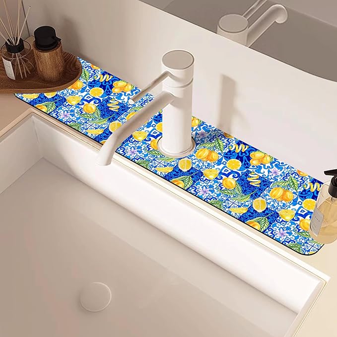 Blue Tiles and Yellow Lemon Sink Faucet Absorbing Mat Sink Splash Guard Faucet