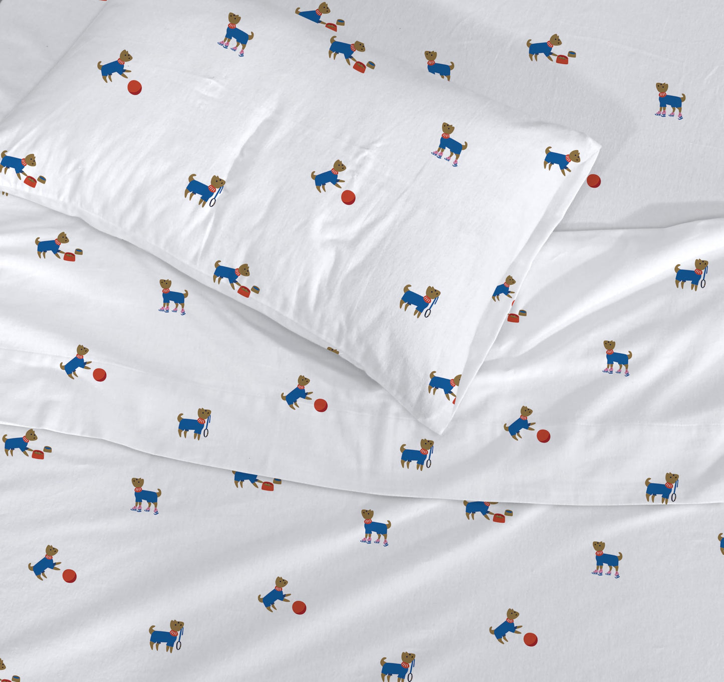 RUVANTI Flannel Sheets Queen Size - 100% Cotton Double Brushed Bed Sheets, Deep Pockets 16 Inches Queen Sheet Set, All Seasons Breathable & Extra Soft - Warm & Cozy, 4 Piece, Puppy Playoff