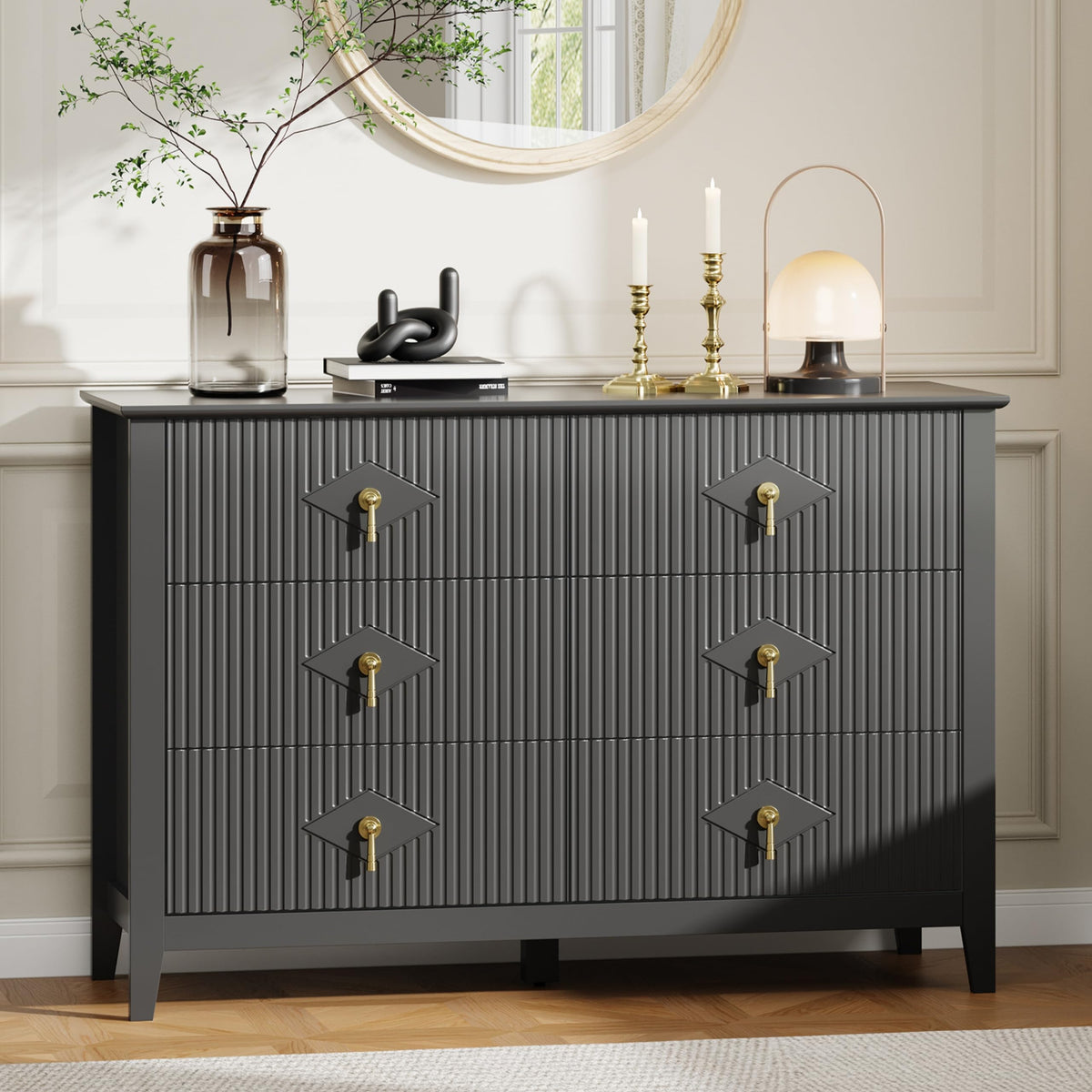GarveeHome Fluted Dresser for Bedroom, 47.2 Inch Wide 6-Drawer Wood Dresser, Modern Chest of Drawers, Storage Organizer Cabinet for Living Room, Hallway, Entryway, Black