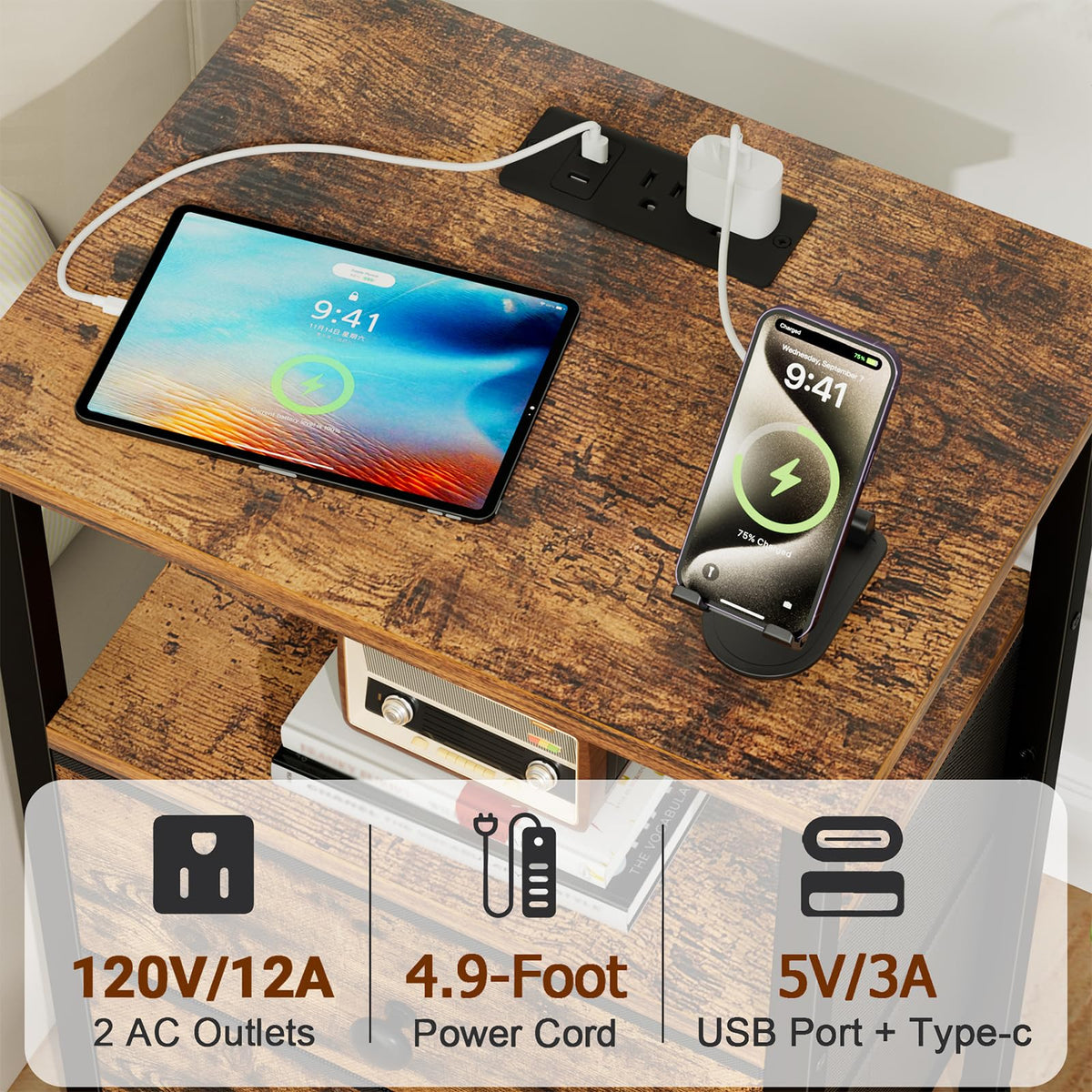 LOAKEKEL Night Stand, Nightstand with Charging Station, Slim Industrial Bedside Table with 2 Fabric Drawers, Small End Table with USB & Type-C Ports for Bedroom, Brown, HETS020BR-1