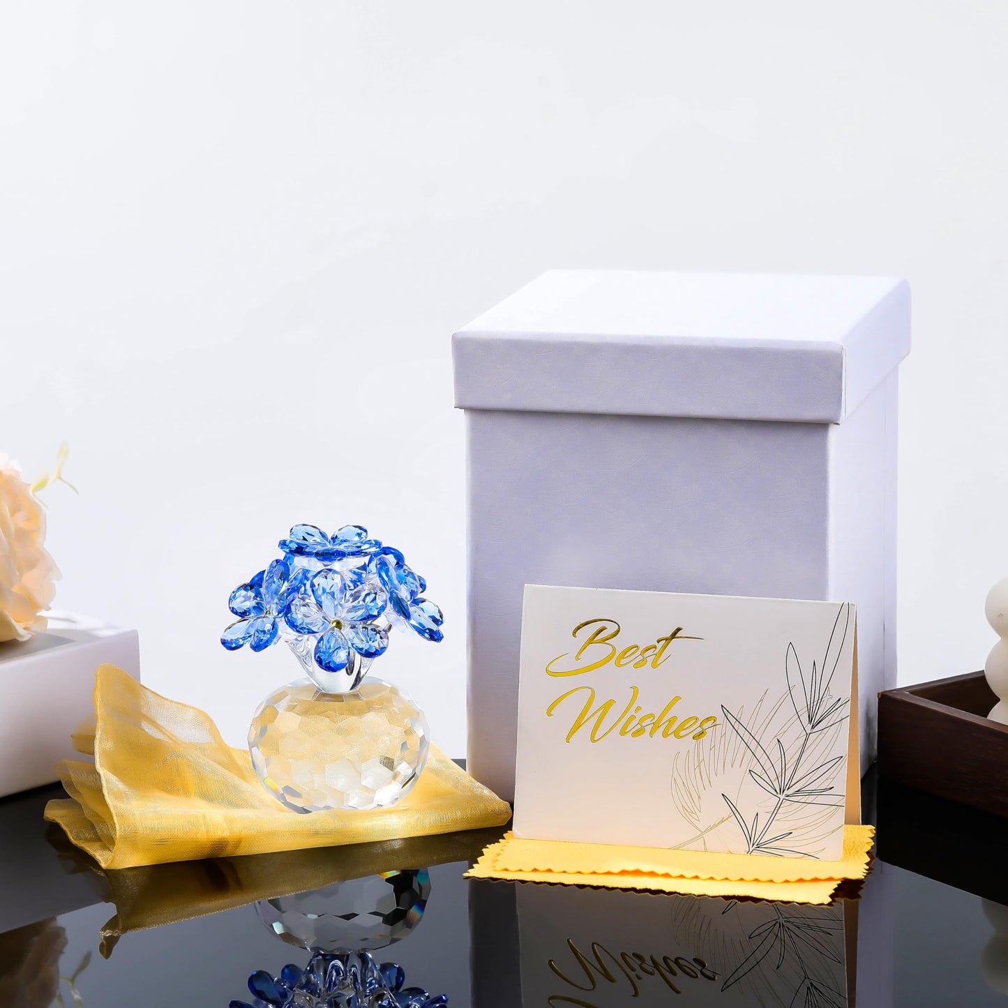 Qianwei Blue Crystal Flowers Figurine - Forget Me Not Gifts Sympathy Glass Flowers Collectible Figurines Decor Paperweight Ornament Home Office Table Desk Decorations