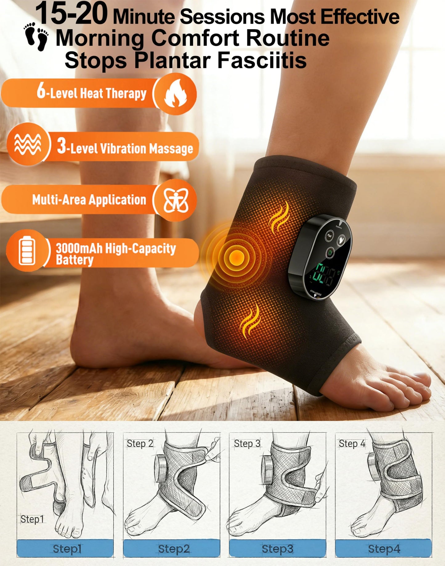 TOSOENPHY Foot Massager for Neuropathy Plantar Fasciitis Pain Relief, Cordless Heated Vibrating Cloud-Soft Ankle Wrap Feet Massage, Portable 2H Run Time, 6 Heats, 3 Modes, Auto-Off Timer,1 Pair