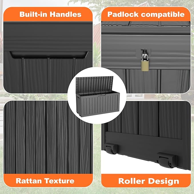 ROJIK Outdoor Storage Box with Wheels,75 Gallon Waterproof Resin Deck Box, Lockable Storage for Patio Cushions,Garden Tools,Pool Accessories,UV-Resistant Storage Bench for Backyard & Deck（Black）