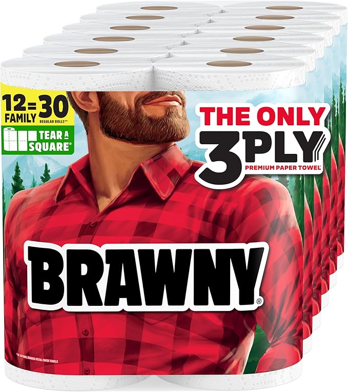 Brawny Tear-A-Square 3-Ply Paper Towels, 12 XL Family Rolls = 30 Regular Rolls
