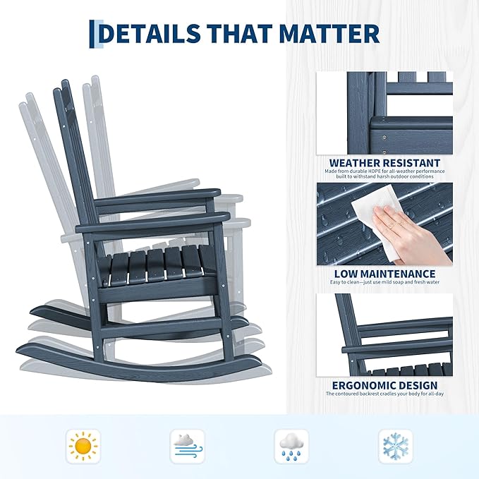 HDPE Rocking Chair Outdoor Set of 4 - Poly High Back Porch Rocker Chairs for Adults - All Weather Resistant Furniture for Patio Front Porch - Navy Blue