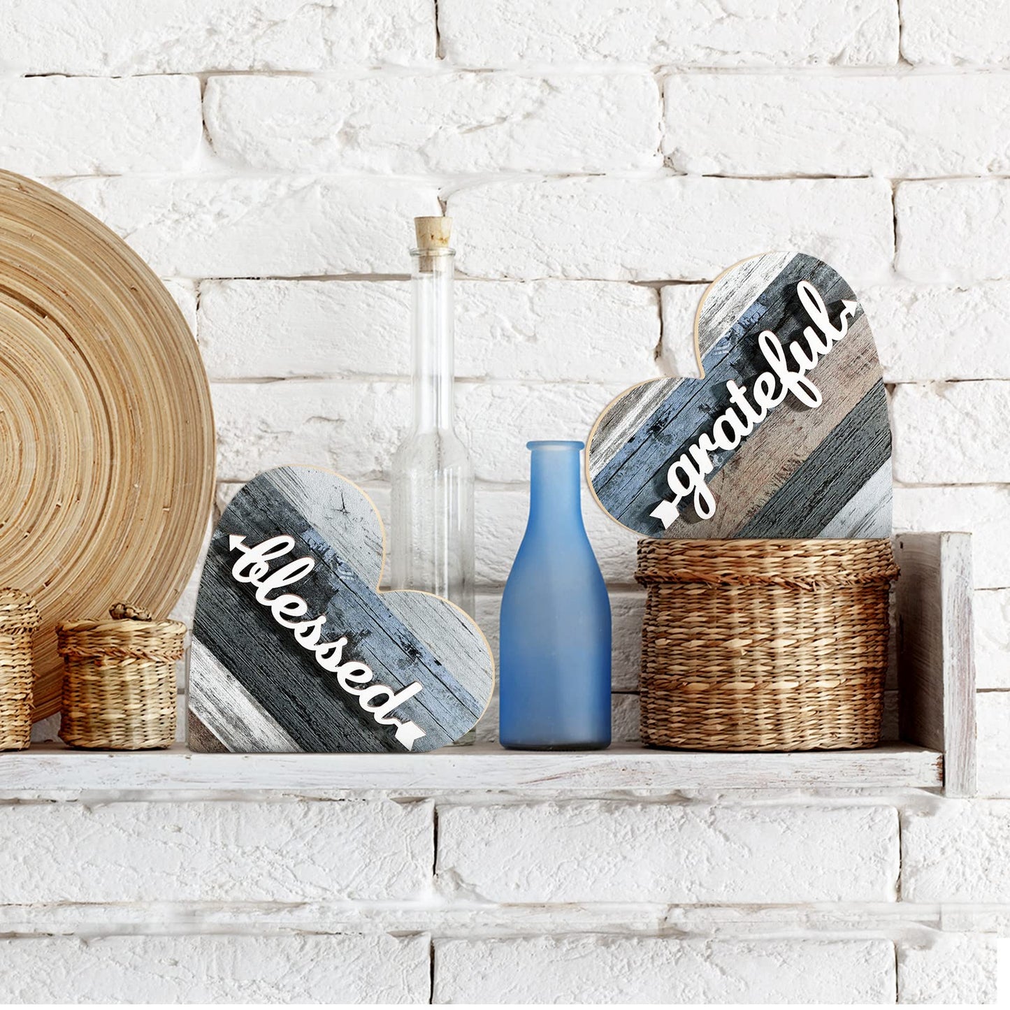 Jetec 2 Pcs Rustic Decorations for Living Room Home Shelf Mantel Entryway Table, Farmhouse Knick Knacks Christian Table Centerpiece Wooden Heart Decor for Dining Room Housewarming Gift(Grateful Style)