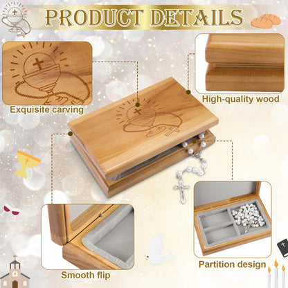 Threehoney First Communion Valet Box Wooden Jewelry Box with Felt Lining 7.5 x 4.7 x 1.6 Inch Personalized First Holy Communion Gifts for Religious Keepsakes and Rosary Beads Storage