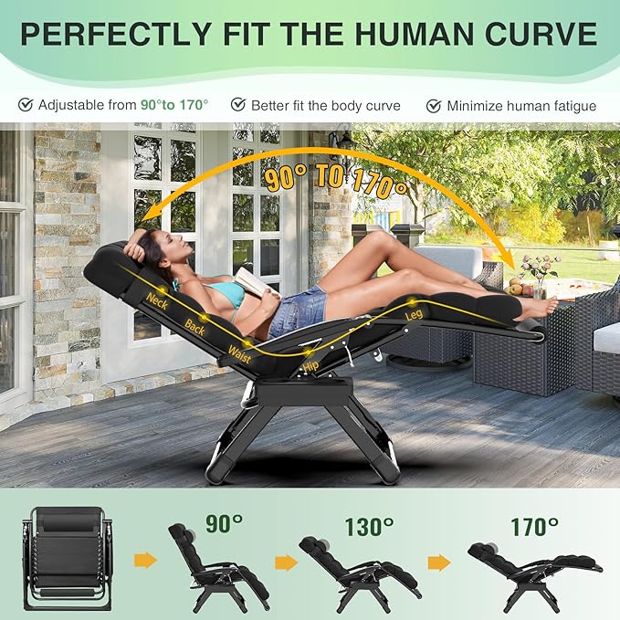 Suteck Oversized Zero Gravity Chair, 29In XL Outdoor Recliner Chair w/Removable Cushion&Headrest, Camping Lounge Chair w/Upgraded Lock&Footrest, Reclining Patio Chairs for Indoor Outdoor,500LBS