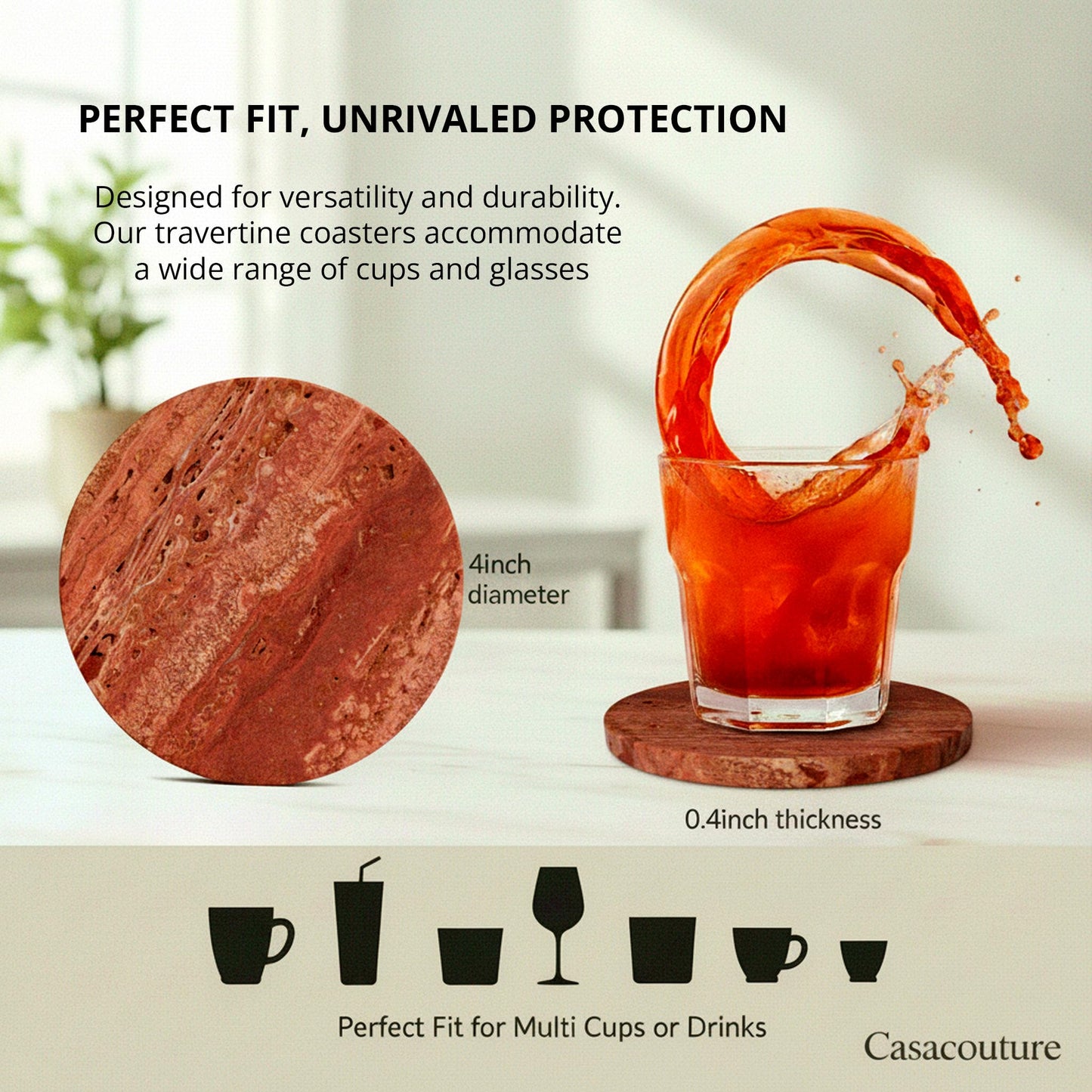 CASACOUTURE-Red Travertine-Stone-Coasters Set of 4-Round -4" Diameter Drink Coasters for Housewarming Desktop Protection Suitable for Various Cups - Sturdy and Durable Aesthetics