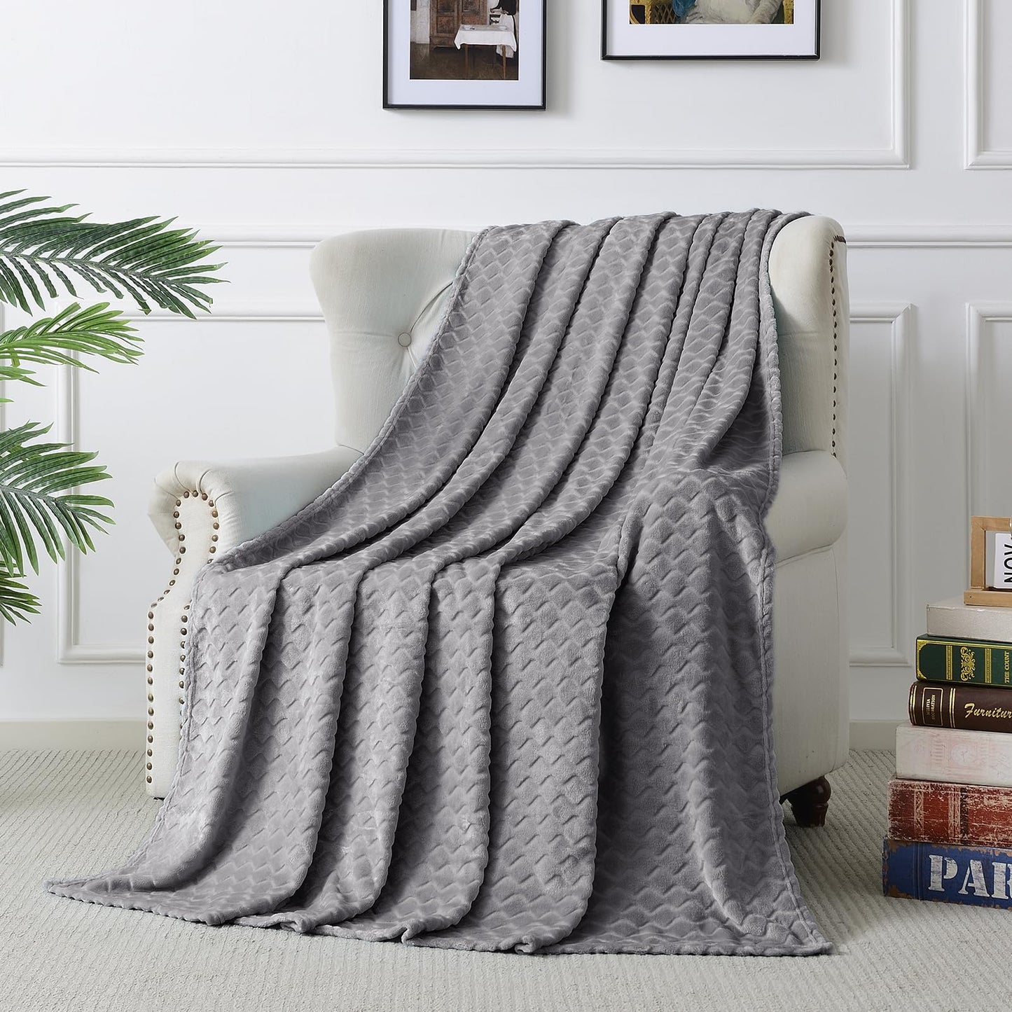 PLEASANT BOULEVARD | Super Soft FleeceThrow Blanket Velvet Wave Pattern Lightweight Cozy Flannel Blankets for All Seasons, Elegant Comfort Luxury Grey Fluffy Blankets, Throw (50" x 60")