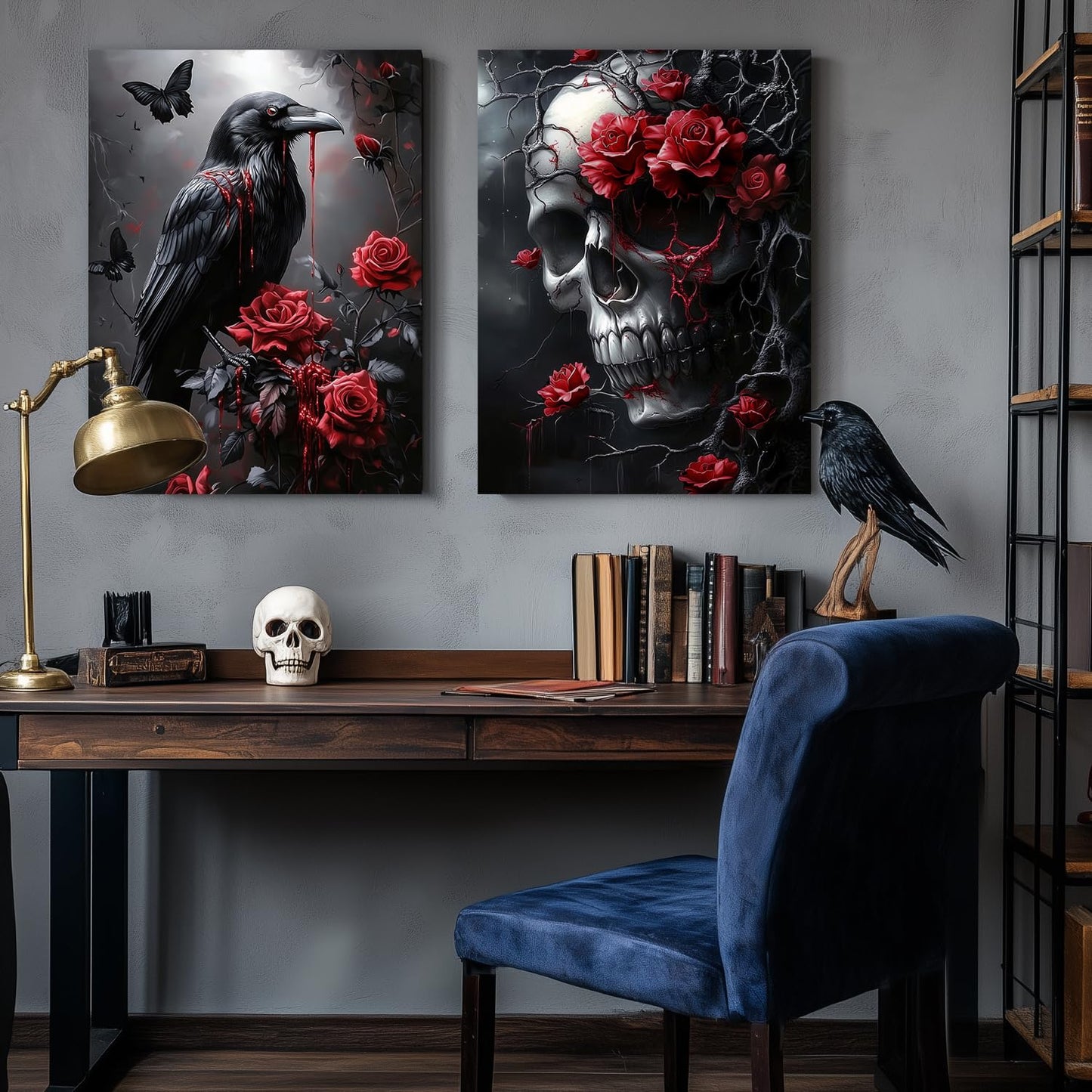 Hianan Horror Gothic Canvas Wall Art, Romance Raven Rose Halloween Wall Decor, Bloodthirst Goth Crow Rose Poster Prints, Dark Goth Skull Aesthetic Pictures for Bathroom Living Room Framed 12"x16"x3