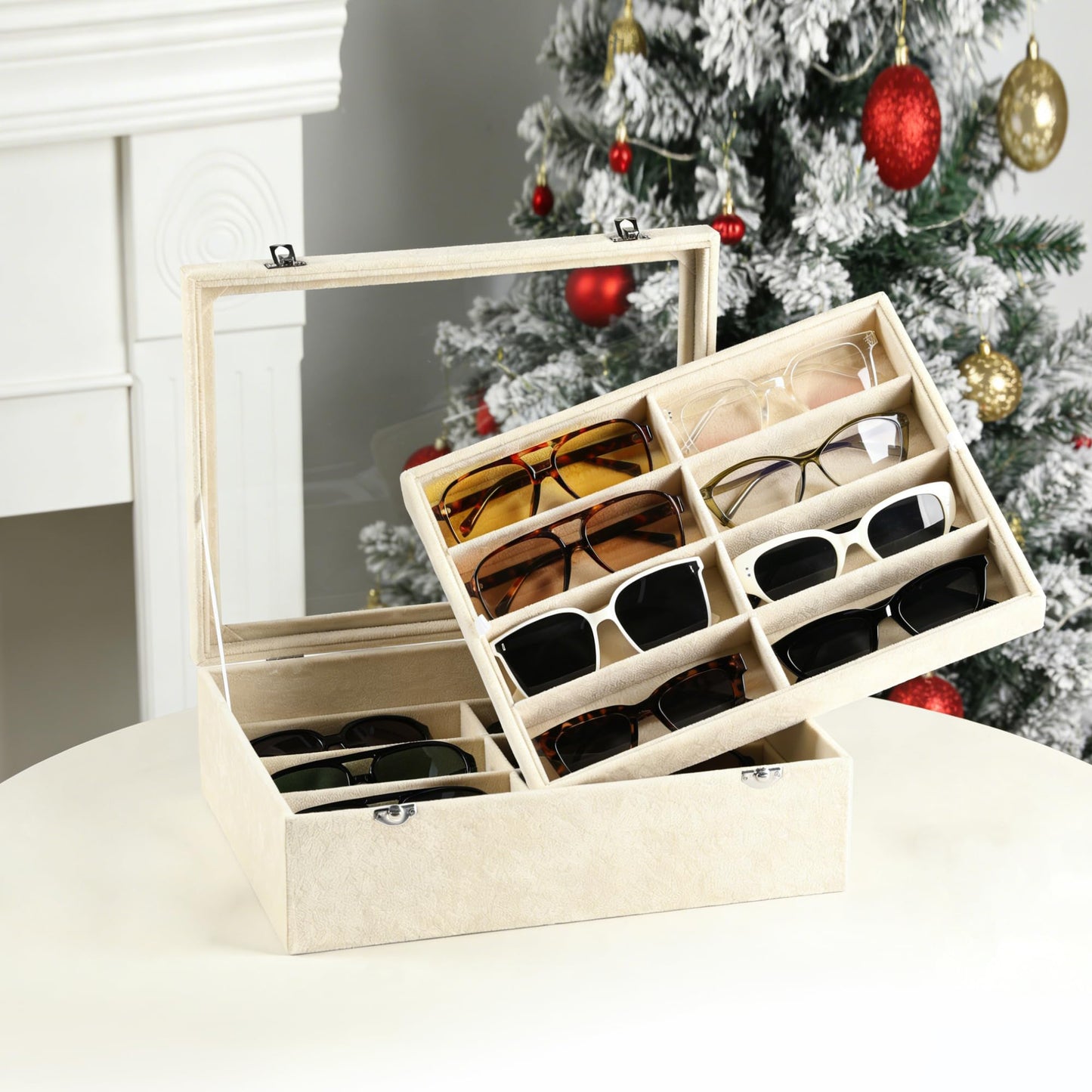 Frebeauty 16 Slots Sunglasses Organizer,2 Layer Velvet Sunglasses Tray with Glass Lid,Multiple Pairs Sunglass Display Case for Man or Woman,13.7 * 10.25 * 4.1 Inches Eyeglass/Eyewear Box (Black)
