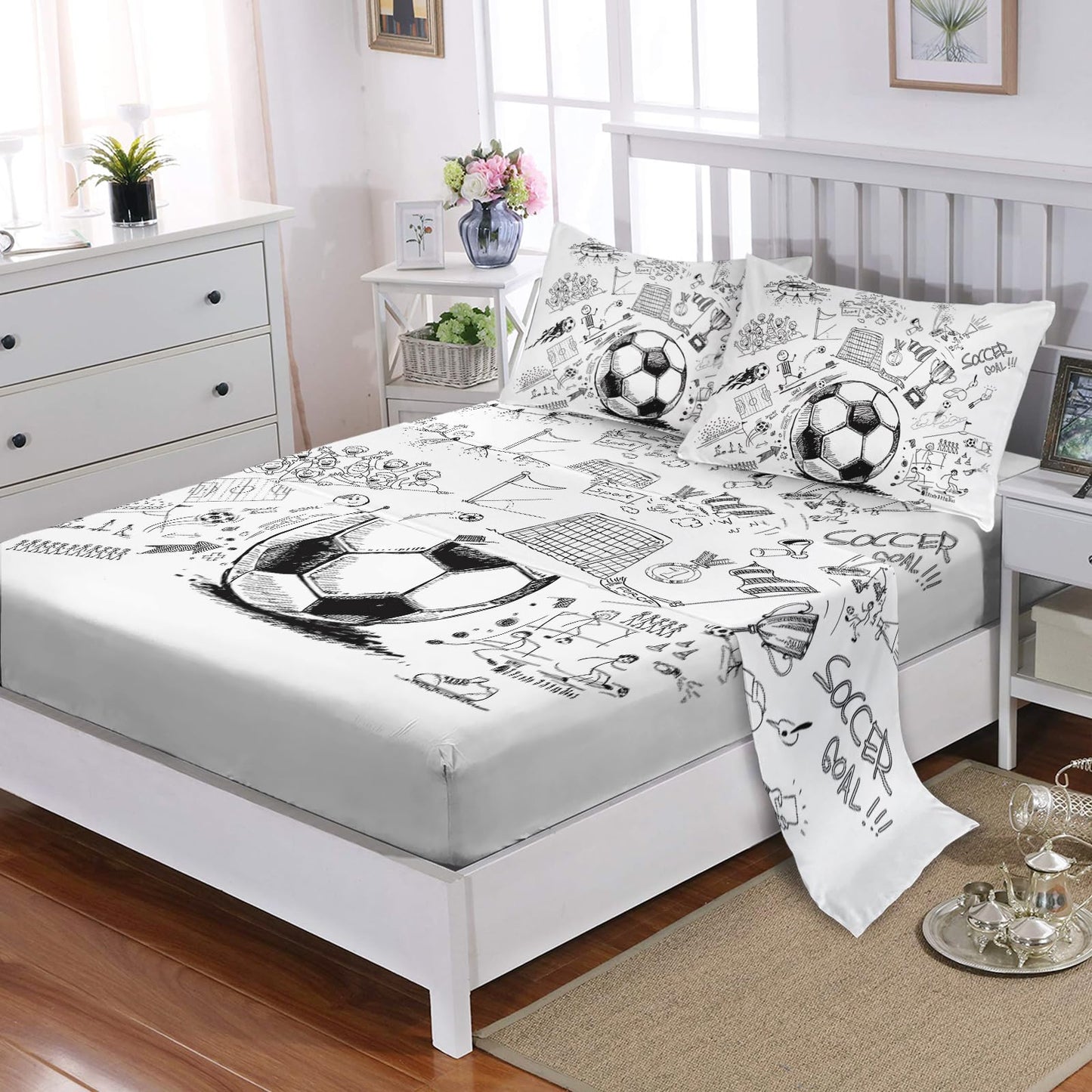 Nttopship Soccer Kids Sheet Set, Queen Size, 3D Football Pattern Bed Sheet, Black White Unique Bed Sheet Set 4pcs (Fitted + Flat + 2 Pillowcases)