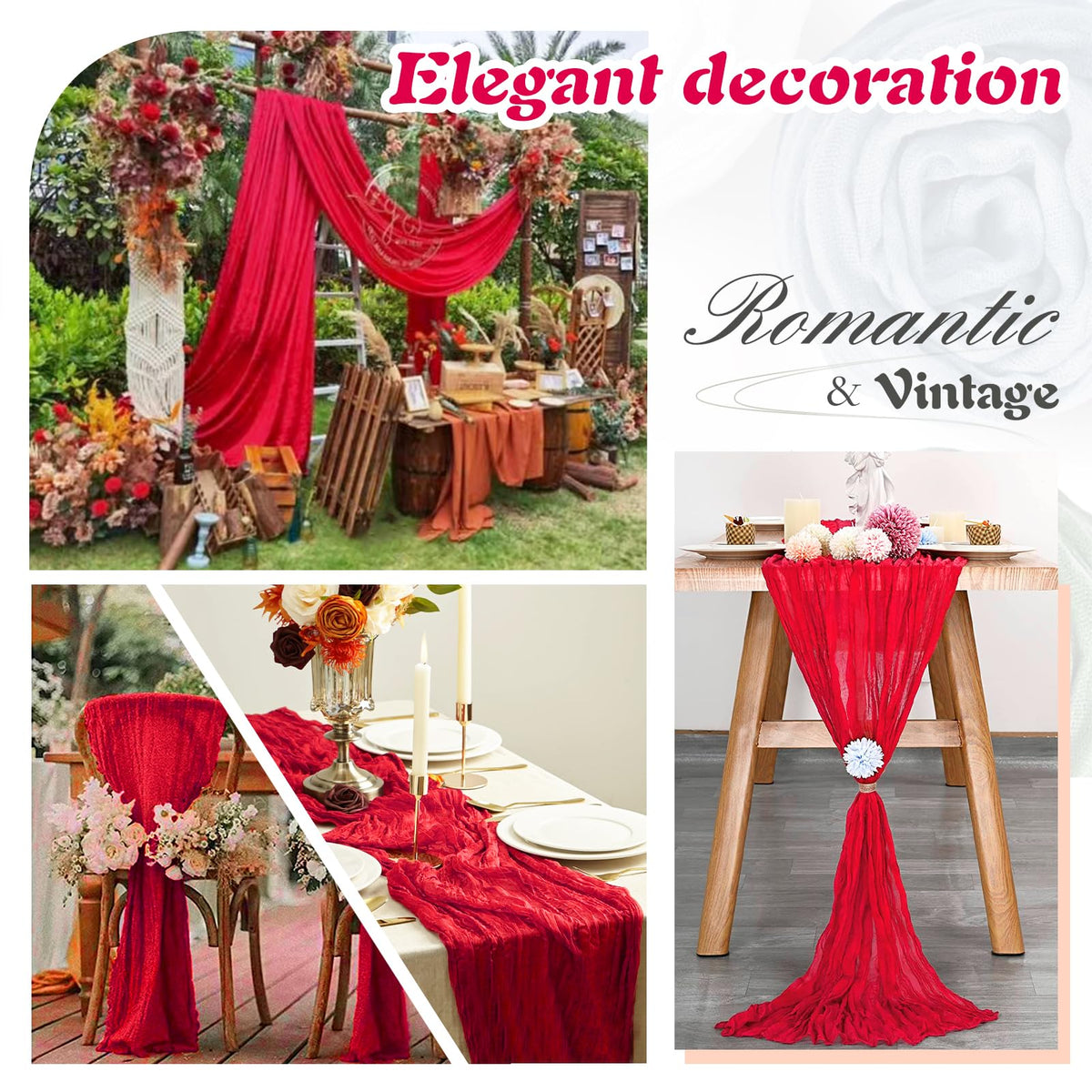 Waligoy Red Cheesecloth Table Runner 2 Pack 35" Boho Gauze Table Runner 120 inches Long Runner Rustic Sheer Fabric Bulk for Baby Shower Wedding Bridal Birthday Party Table Decorations