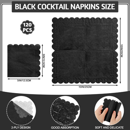 NatNarr 120 Pcs Cocktail Napkins Black Halloween Napkins Disposable Scalloped Bar Napkin Beverage Dessert Napkin for Halloween, Birthday, Coffee, Bar, Kitchen, 5 x 5 Inch
