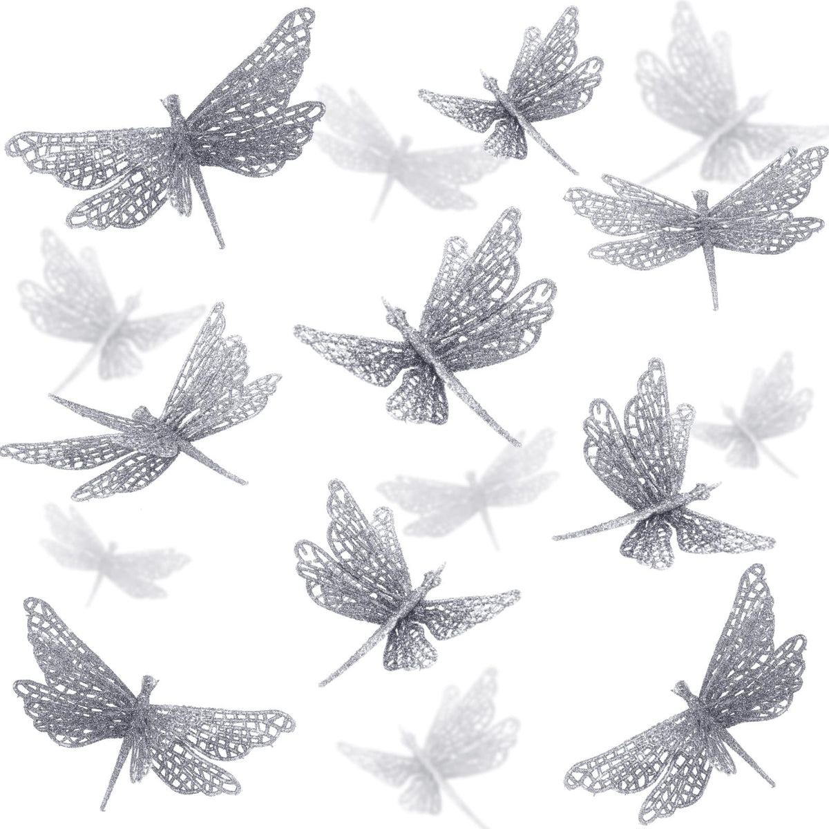 Motionchic 24 Pcs Glitter Dragonfly Decorations, Silver 3D Dragonfly Wall Decor with Clips Stem for Spring Summer Garden Party Wedding, Glitter Dragonflies for Floral Arrangement DIY Craft