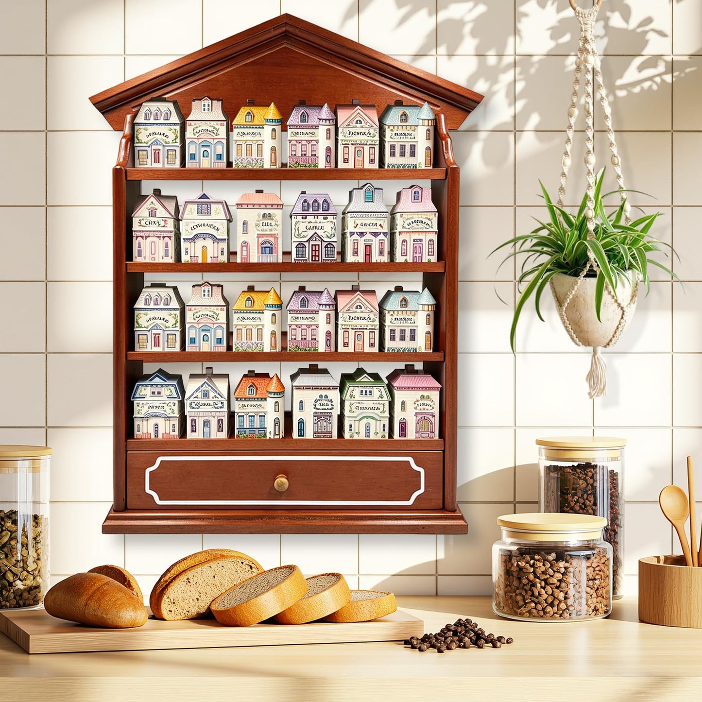 Yudlto Vintage Wooden Spice Rack with Drawer and 4 Shelves, Wall Mounted Spice Village Display Shelf for Kitchen Storage, Holds 24 Jars, 22 x 17 x 4 Inches, Rack Only