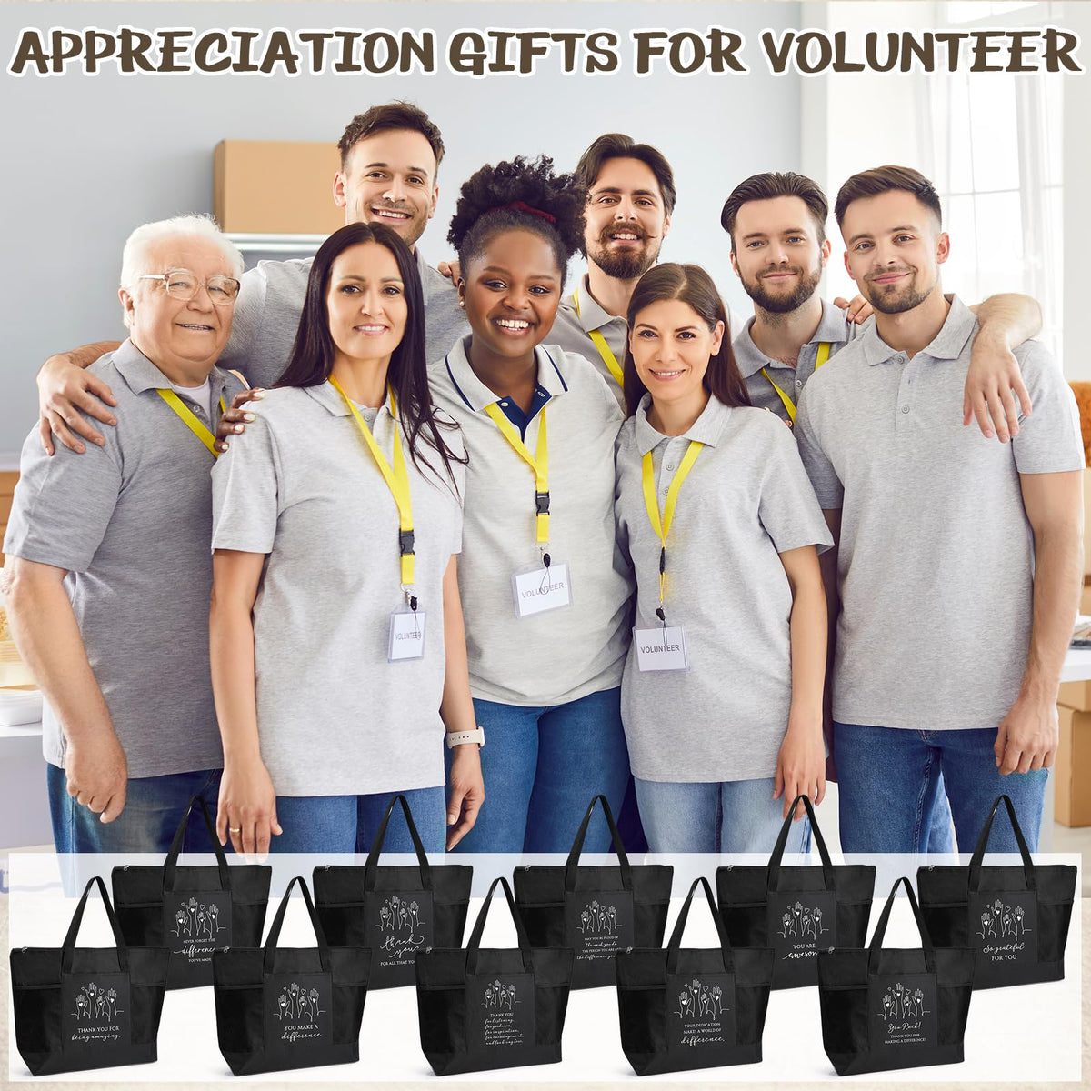 Paterr 10 Pcs Volunteer Appreciation Gifts Bulk Large Tote Bags with Zippered Mesh Pocket Inspirational Gift for Women Men(Black)