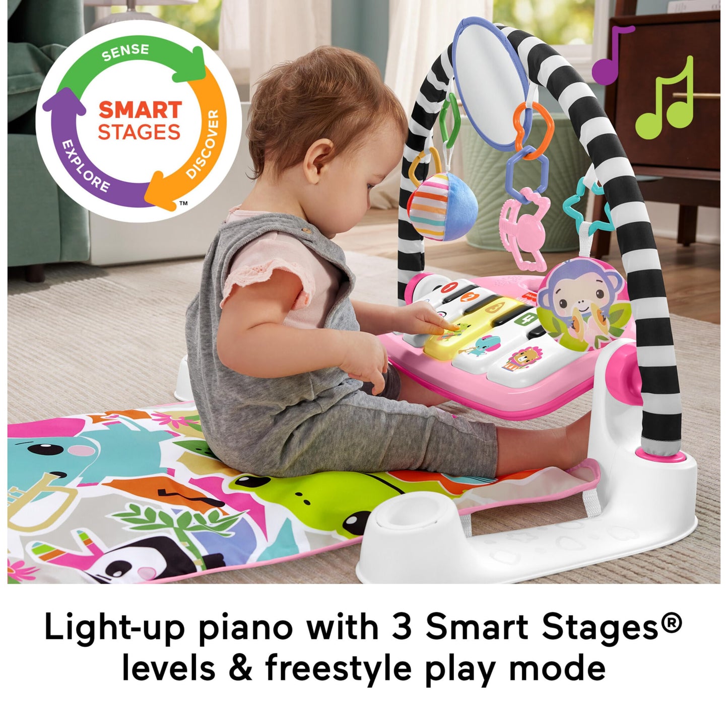 Fisher-Price Baby Activity Mat Glow and Grow Kick & Play Piano Gym, Portable Musical Toy with Smart Stages Learning, Ages 0+ Months, Pink, Queens English Version, HYH63