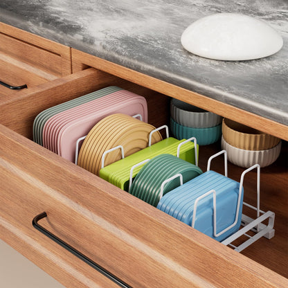 GAGUIUP Food Container Lid Organizer, Adjustable 6 Dividers Full-Metal Pot and Pan Organizer Rack for Kitchen Cabinets, Drawers, Cupboards, Pantry Shelves Storage, White