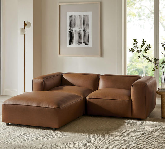Modway Auren Vegan Leather 3 Piece Modular Sofa in Coffee - Faux Leather Loveseat with Ottoman - Comfy 2 Seater Sofa with Footstool - Mid Century Couch for Living Room, Apartment, Loft