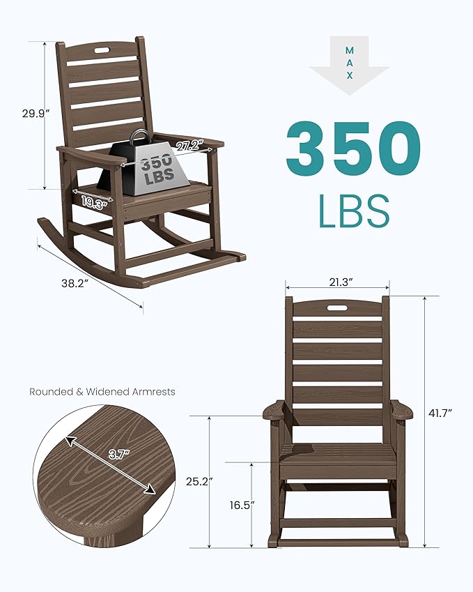 SERWALL Outdoor Rocking Chair Set of 4, Oversized HDPE Patio Rocking Chair with Footrest for Adults, All Weather Porch Rocker for Deck Patio Balcony, Coffee