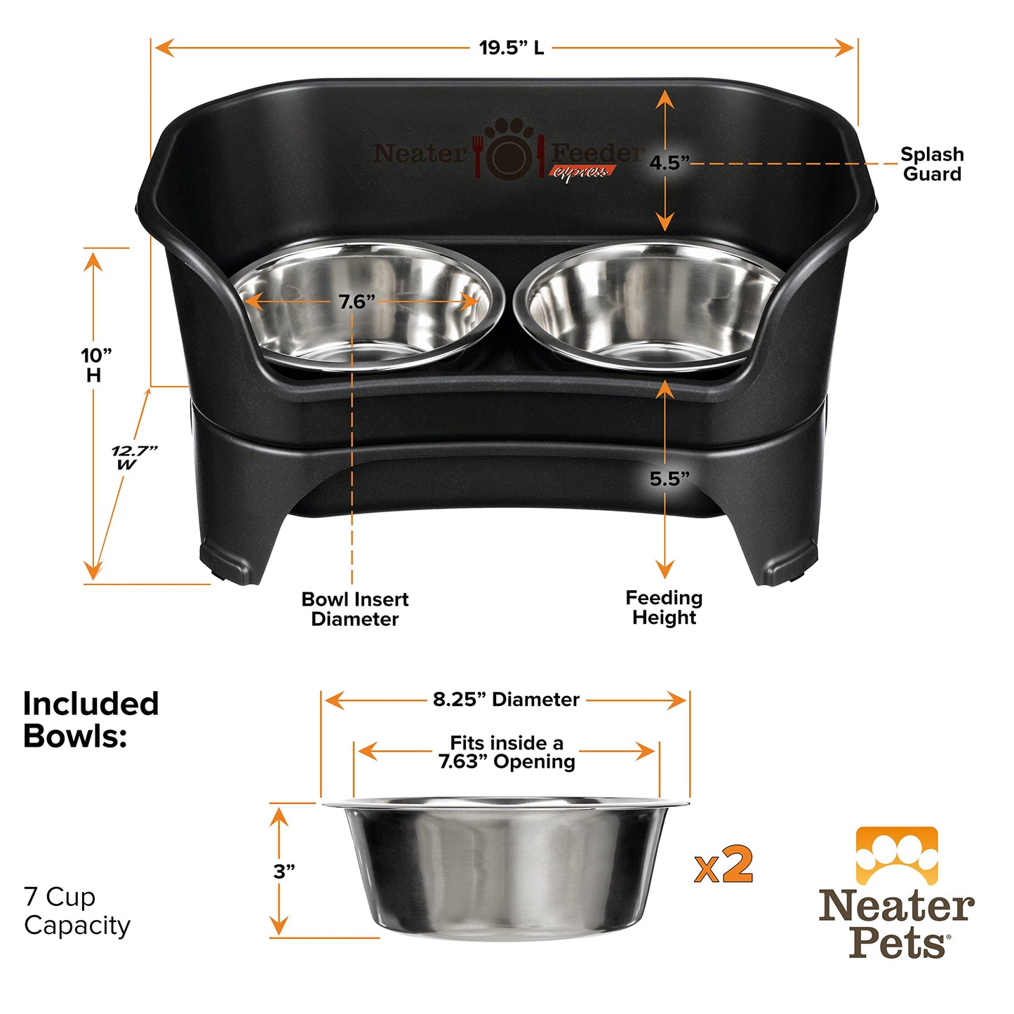 Neater Feeder Express Elevated Dog Bowls by Neater Pet Brands – Dog Bowls with Stand - Stainless Steel Food and Water Bowls – Raised Dog Bowl Set for Medium to Large Dogs, Midnight Black