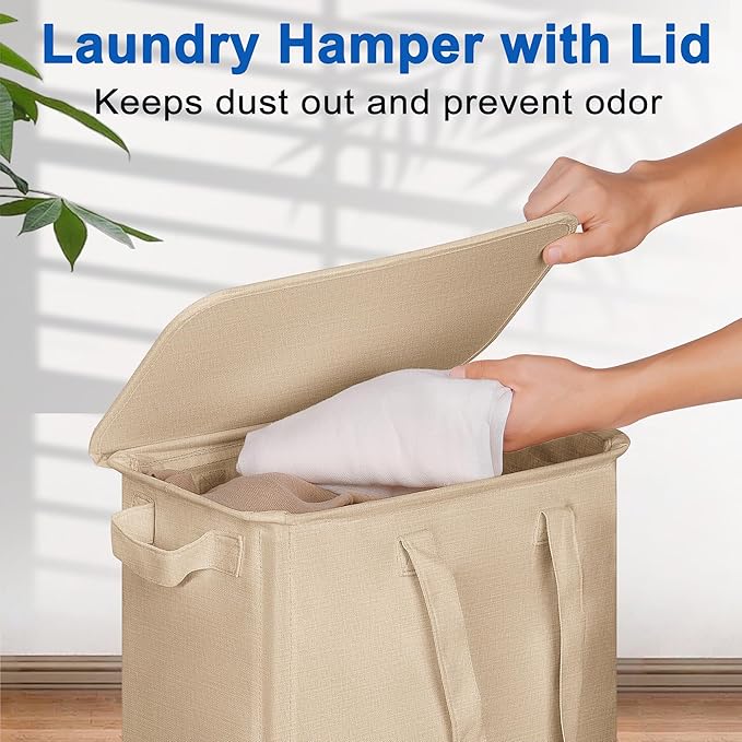 Slim Laundry Hamper with Lid and Wheels, Small Rolling Laundry Basket with