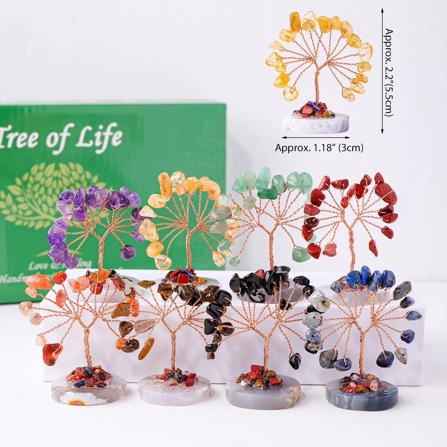 Runyangshi 12pcs Crystal Tree Set Tree of Life Natural Crystal Healing Stones with Agate Base Gemstone Trees Fengshui Good Luck Positive Energy Home Decor