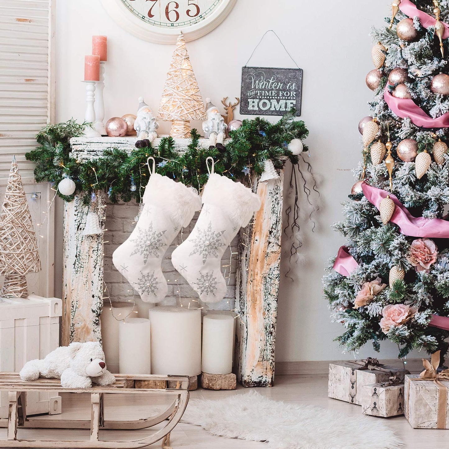 Ushinemi Christmas Stockings Large White Christmas Stocking with Silver Snowflake Cross Stitch, Fur, 2 Pack