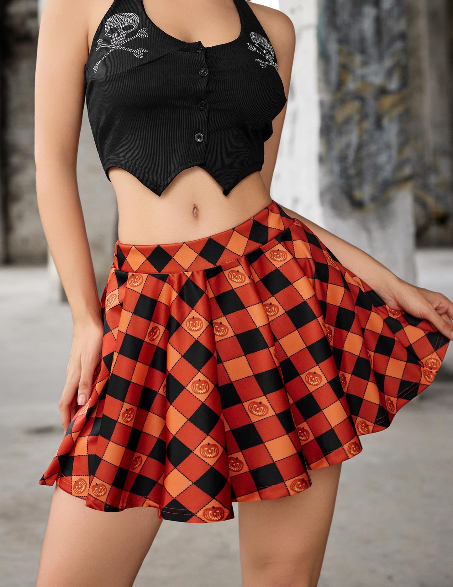 Avidlove Halloween Dress for Women Pleated Skirt School Girls CostumeA Line Mini Short Skirt (Pumpkin Plaid, Medium)