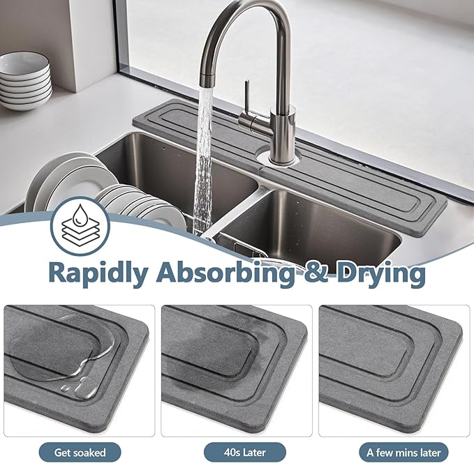 Faucet Mat for Kitchen Sink, Rapidly Absorbing Diatomite Fast Drying Stone