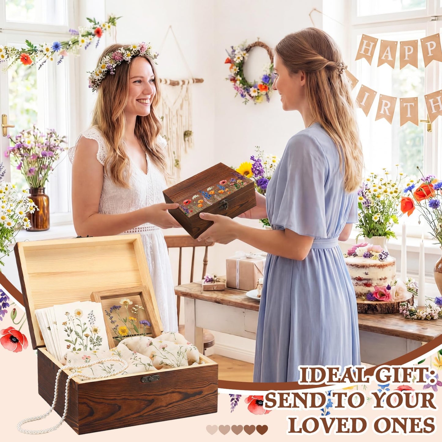 Gerrii Wildflower Wooden Keepsake Box Wedding Baby Shower Spring Flower Memory Storage Box with Buckle for Birthday Baby in Bloom Party(Wildflower Mix,Brown,11.02 x 8.86 x 4.92 Inches)
