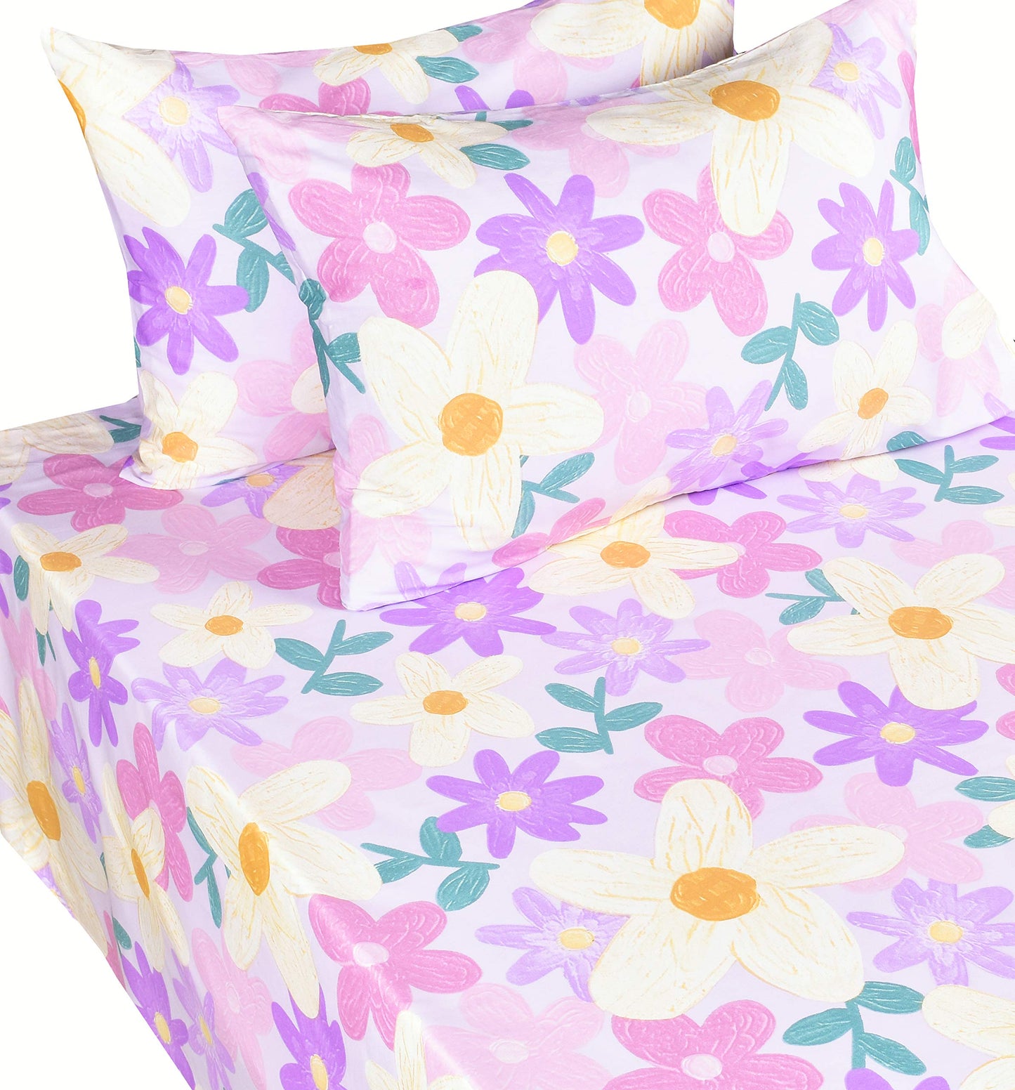 Scientific Sleep Purple Flower Painting Girls 100% Cotton 4 Pcs Full Bed Sheet Set Kids Toddler Teen, Flat Sheet & Fitted Sheet & Pillowcase Kids Bedding Set (Floret, Full)