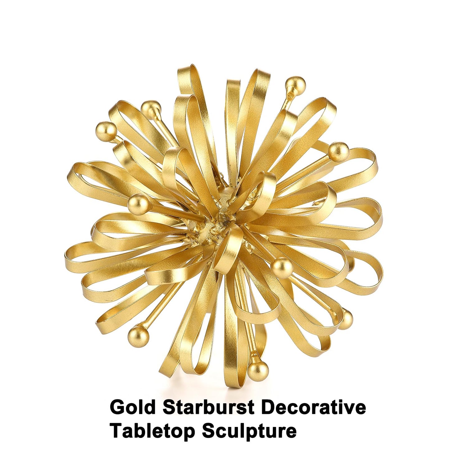 Retrome 6.7" Decorative Metal Starburst Tabletop Shelf Sculpture Accent, Gold Modern Table Decor, Looped Ribbon & Beads Edges Detailed