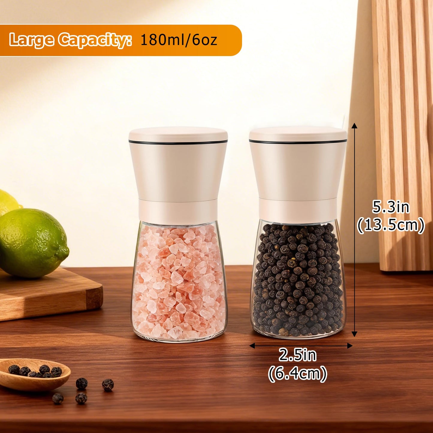 R DRURLCD 2PK Beige Salt and Pepper Grinder Set, Short Glass Shakers with Stainless Steel & Glass Mills, Adjustable Coarseness for Kitchen, Dining & BBQ W/Funnel