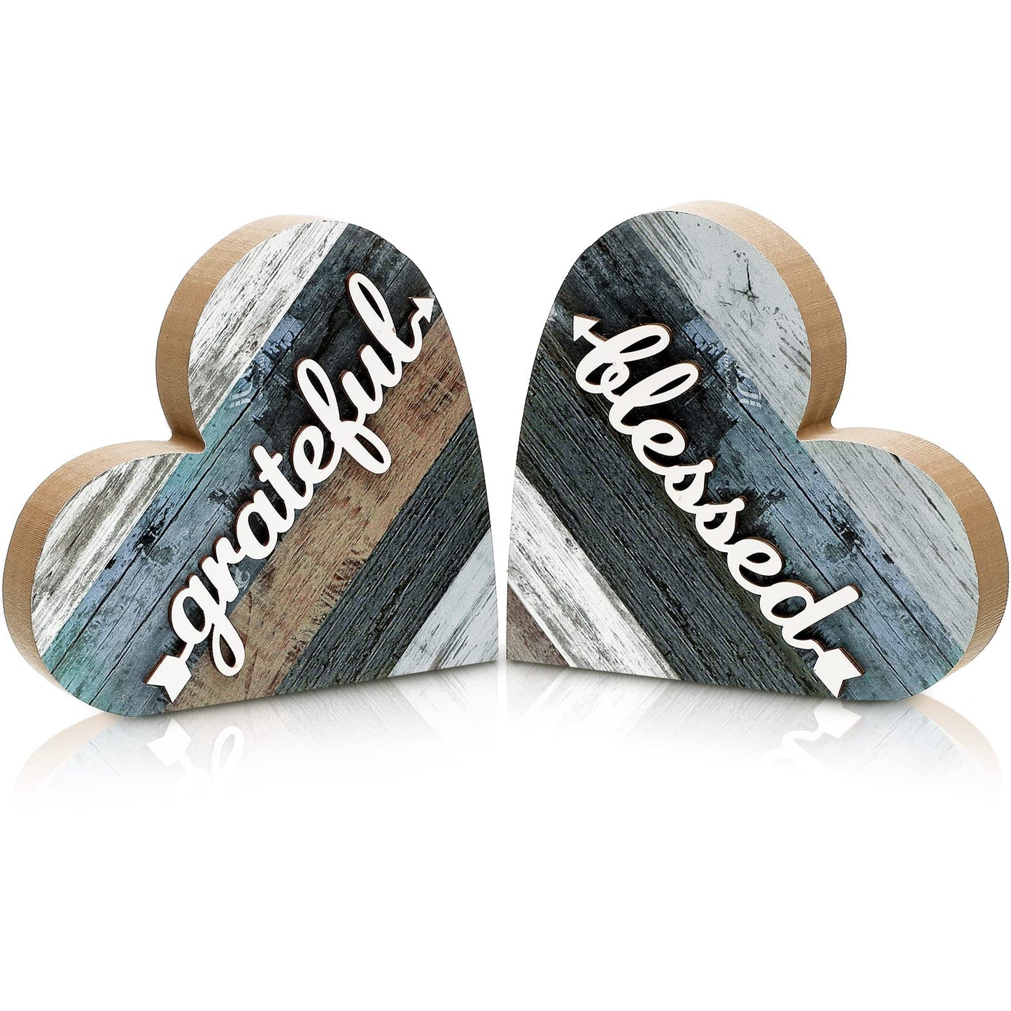 Jetec 2 Pcs Rustic Decorations for Living Room Home Shelf Mantel Entryway Table, Farmhouse Knick Knacks Christian Table Centerpiece Wooden Heart Decor for Dining Room Housewarming Gift(Grateful Style)