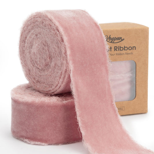 Keypan Light Pink Velvet Ribbon 1-1/2 Inch x 6 Yd Handmade Frayed Vintage Ribbons for Christmas Tree Home Decor Wreath Craft Ornaments Gift Wrapping