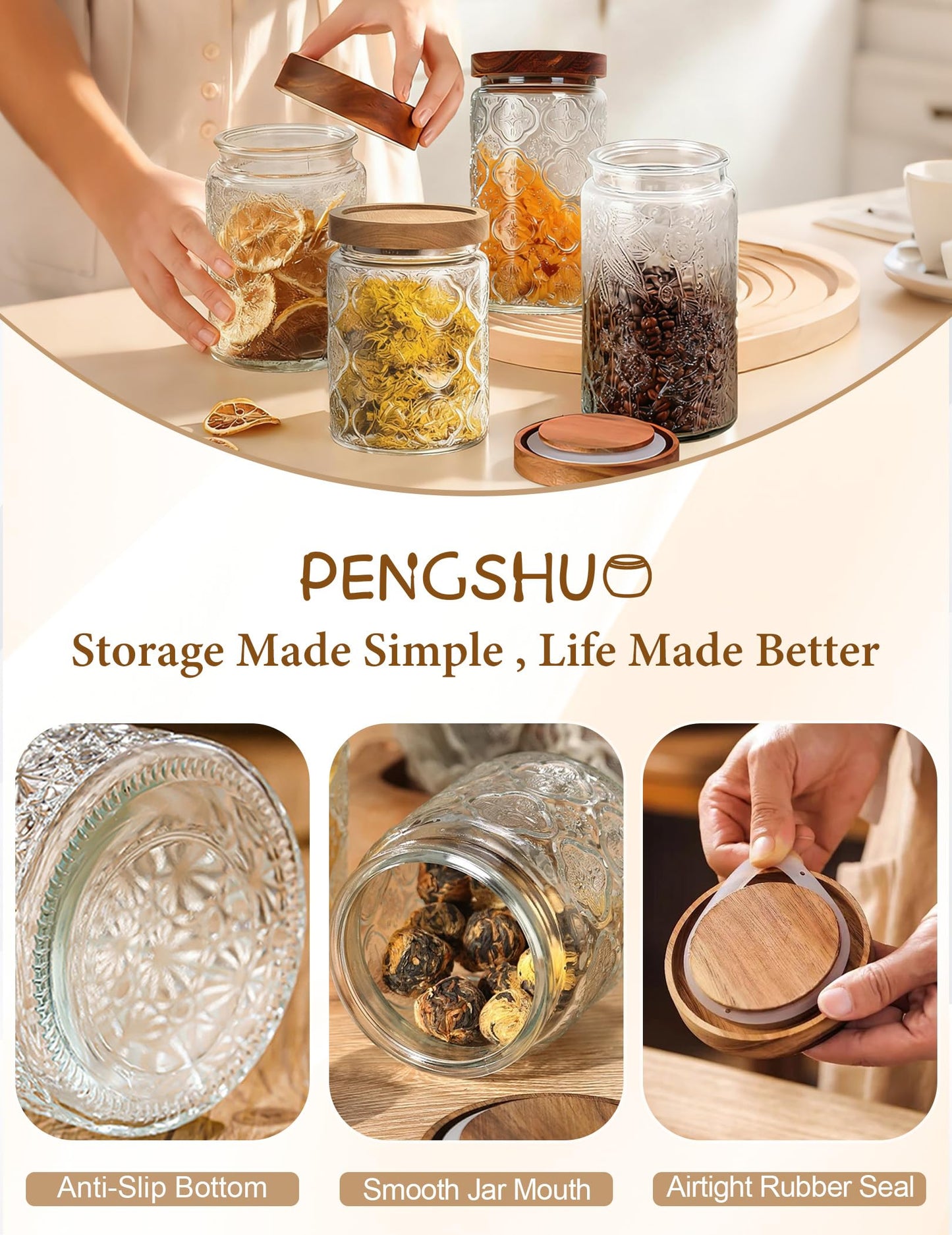 PENGSHU Vintage Glass Jar with Wood Lid - Christmas Airtight Canisters for Kitchen Countertop Bathroom, Storage Candy, Cookie, Coffee, Apothecary, Sugar, Flour,Pet Treat (Begonia, 34oz/1000ml)