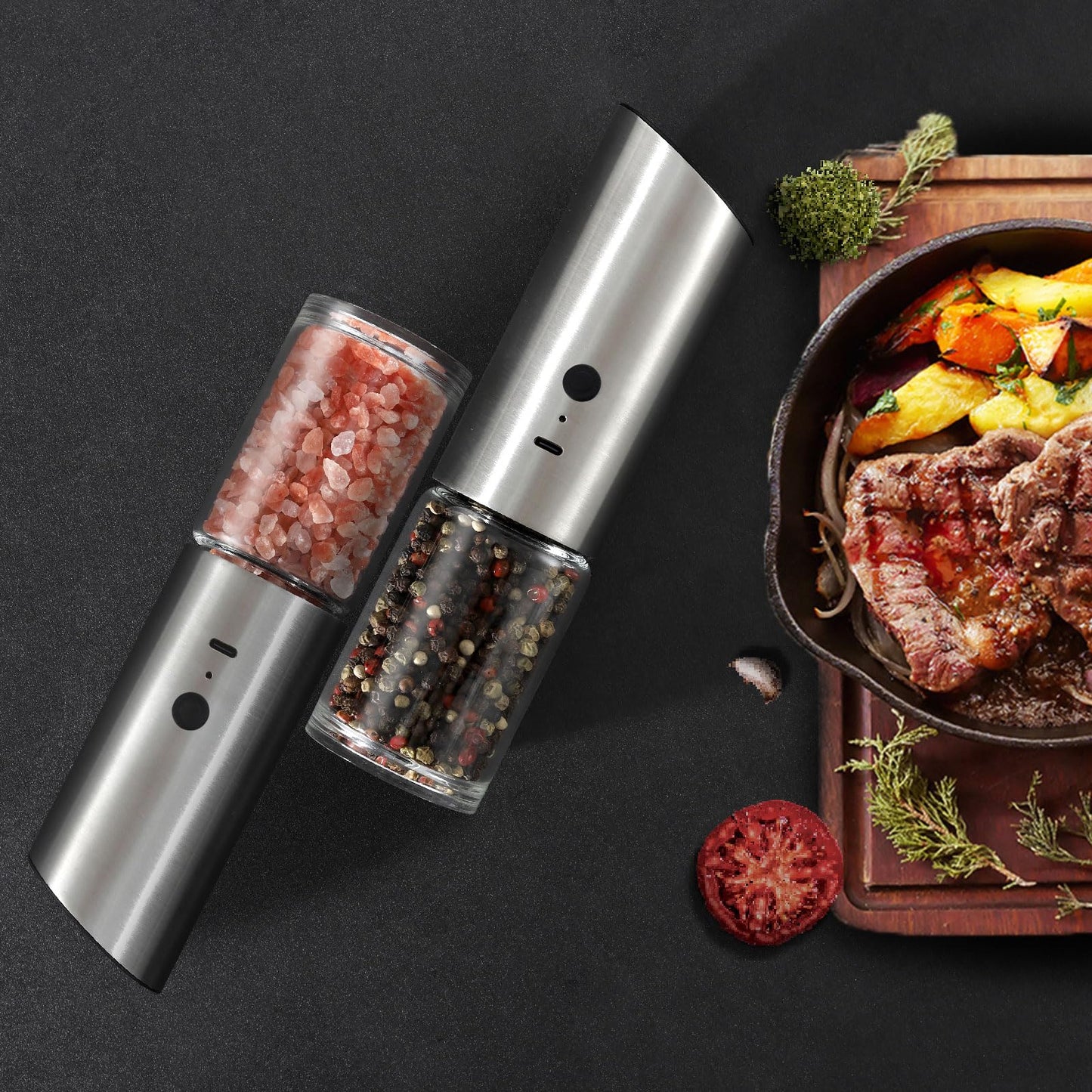 VEVOK CHEF Electric Salt and Pepper Grinder Set Rechargeable with LED Light Type-C Automatic Gravity Stainless Steel Pepper Mill Spice Grinder Adjustable Coarseness