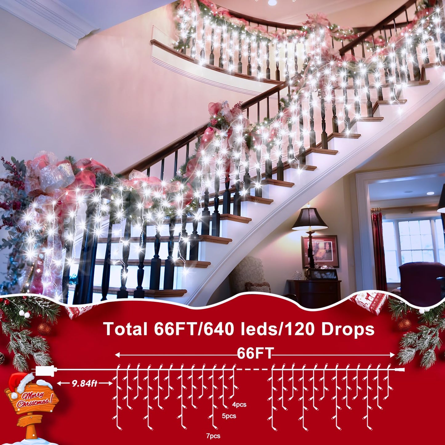 XURISEN 66ft Christmas Lights Decorations Outdoor, 640 LED 8 Modes Curtain Fairy Lights with 120 Drops,Plug in Waterproof Timer Memory Function for Christmas Holiday Wedding Party Decor(Cool White)