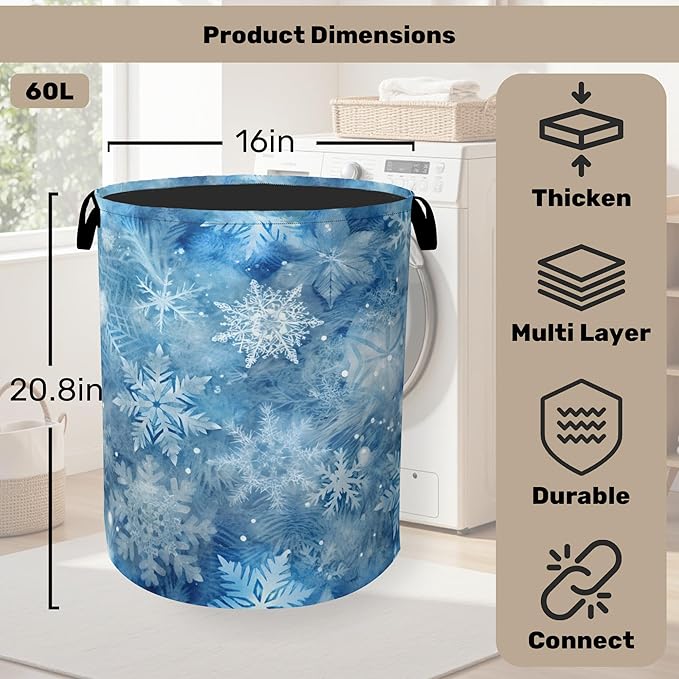 Winter Laundry Basket, Snowflakes Laundry Hamper, Heavy Duty 60L Dirty Clothes