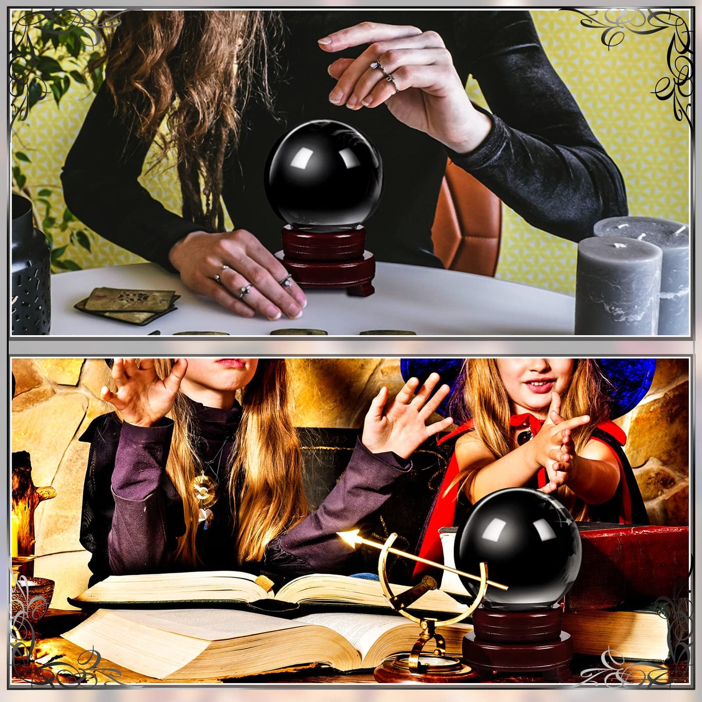 CHENGU 2 Pieces Obsidian Crystal Ball Set with Wooden Stand 80 mm and 20 mm Clear Crystal Ball Decorative Obsidian Sphere for Home Decorations Meditation Healing Witchcraft(Black)