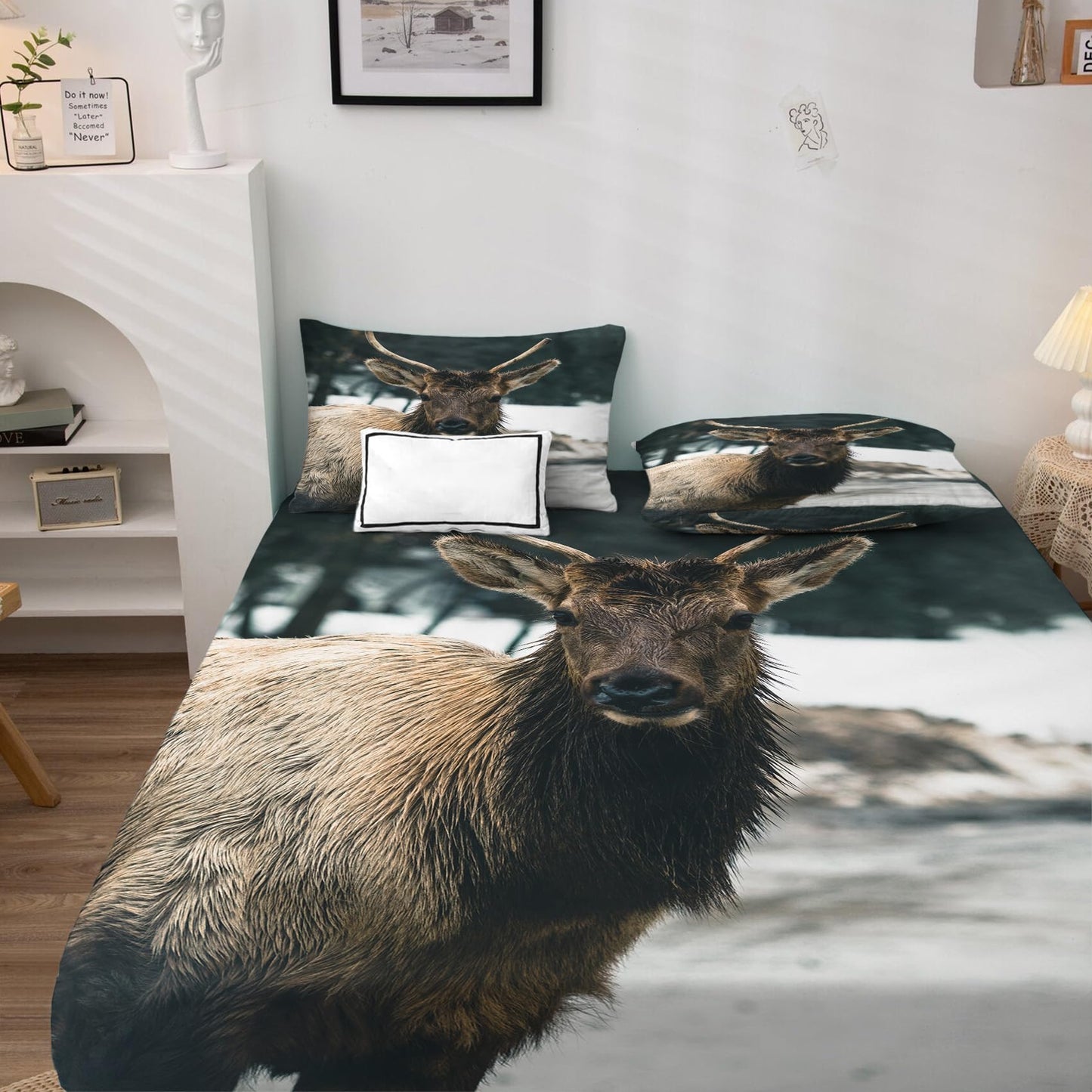THYUNQ Deer Sheets Full Size Bed, 3D Animal Pattern Bedding Sheets & Pillowcases - 16 Inch Deep Pocket, Super Soft Microfiber Printed Sheet Set 4 Piece