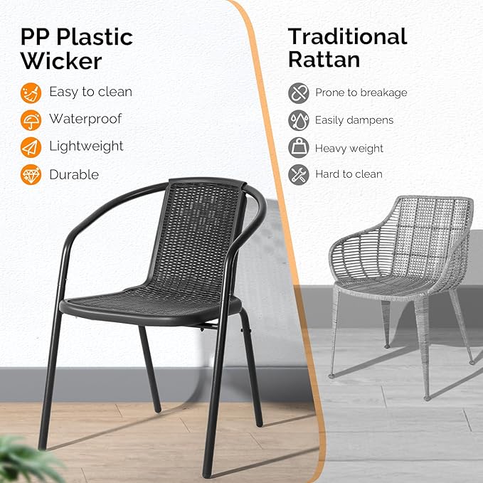 VINGLI PE Rattan Outdoor Dining Chairs Set of 4, Plastic Stackable Patio Chairs for Indoor, Porch, Restaurant, Garden, Black