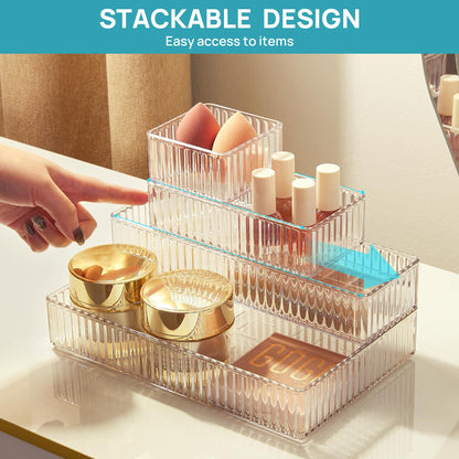 Vtopmart 7 PCS Clear Drawer Organizers Bins, 4-Size Stackable Makeup and Vanity Drawer Organizer Trays, Acrylic Bathroom Drawer Storage Containers for Cosmetic, Office Supply, Kitchen Utensils Gadgets