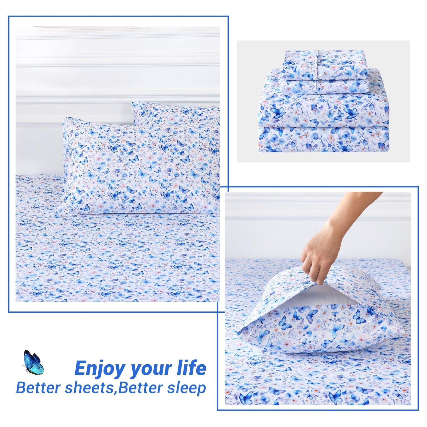 Softan King Floral Sheets, Microfiber Blue Flower Printed Fitted Sheets with Non-Slip Corner Straps and 15" Deep Pocket, Butterfly Patterned Cozy King Bed Sheets & Pillowcase Sets