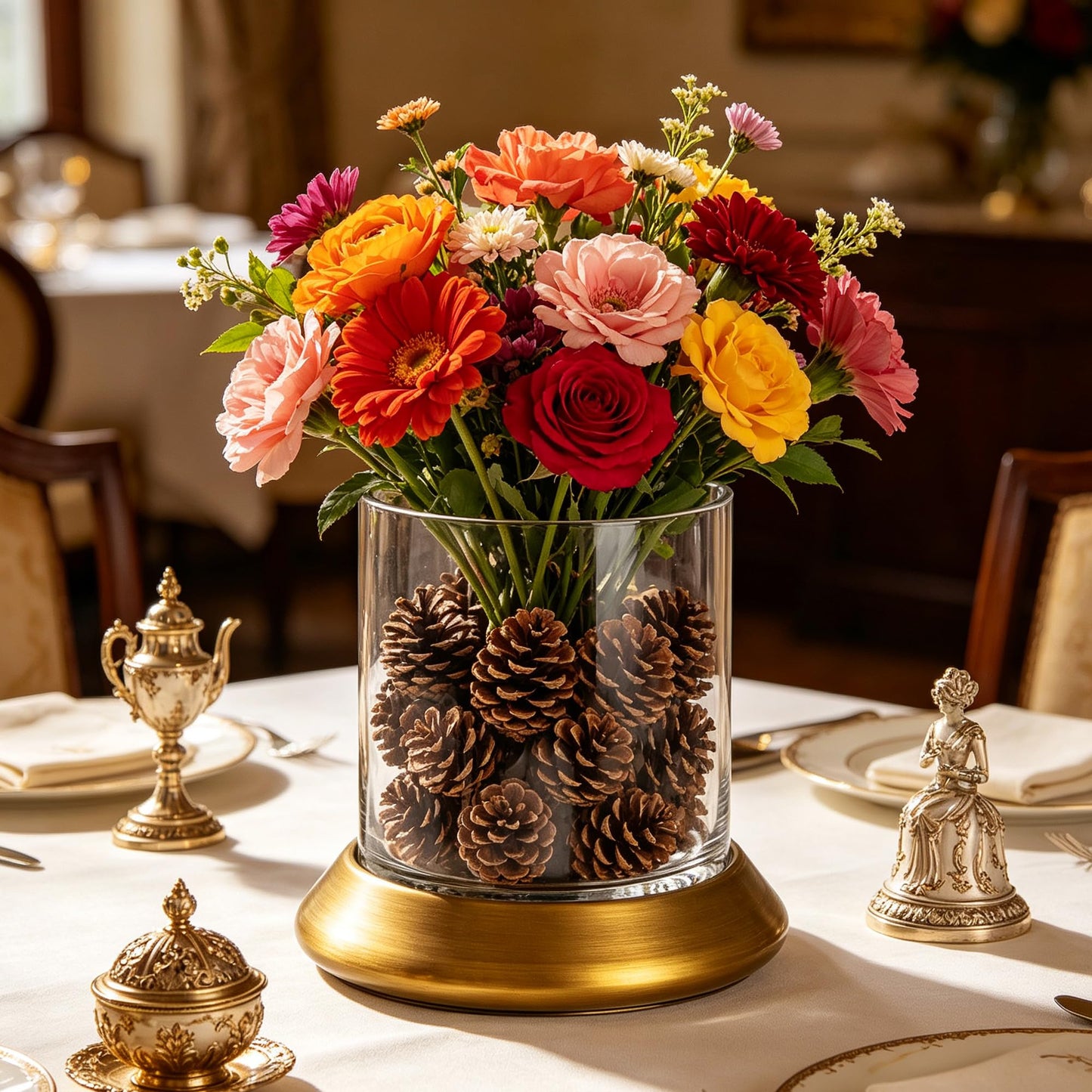 10.5" Farmhouse Glass Hurricane Candle Holder & Glass Vase with Metal Base in Antique Brass for Pillar & Flower Arrangement, Candlestick Holder, Terrarium, Centerpiece, Console, Dining Table, Mantel